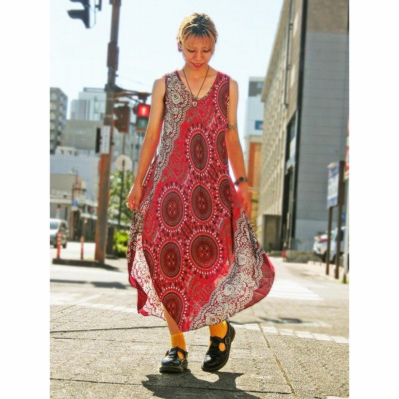 エスニック アジアン タンクトップ 総柄ロングワンピース 全2色 通販 Lineポイント最大0 5 Get Lineショッピング
