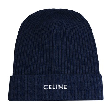 CELINE 經典品牌電繡LOGO羅紋羊毛針織保暖毛帽.深海藍
