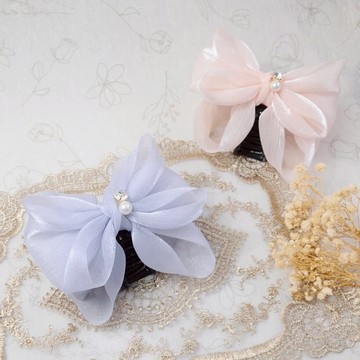 ｜OSEWAYA｜ 薄紗珍珠鯊魚夾 米色 粉色 藍色 髮飾 髮夾 日本飾品