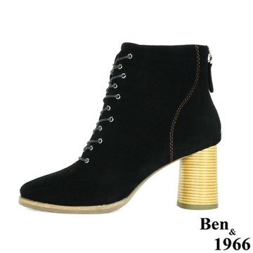 Ben&1966高級頭層羊猄皮流行綁帶高跟短靴-黑(207091)