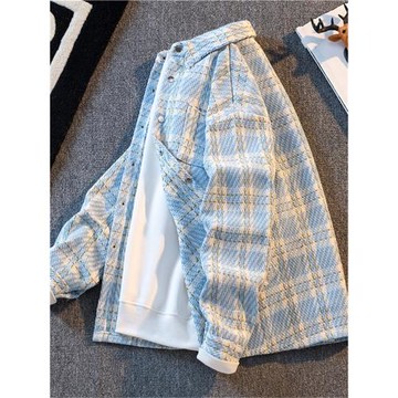 秋冬款加絨情侶小香風毛呢格子襯衫男高級感痞帥潮牌休閑襯衣外套