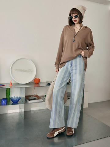 棉質條紋褲管鬚邊直筒牛仔褲