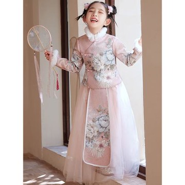 2025新款兒童漢服女童古裝中國風唐裝過年拜年服加厚粉色超仙冬季