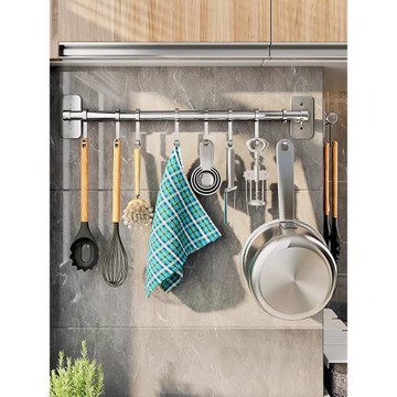 廚房掛鉤掛桿304不銹鋼連排免打孔勺子鏟子收納架墻壁滑動置物架