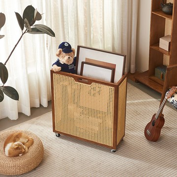 台灣公司貨 免運 可開票 中古實木藤編收納箱羽毛球拍瑜伽墊健身器材儲物收納筐可移動帶輪