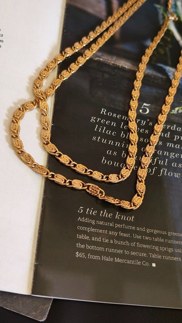 vintage jewelry   金色雙迴圈超長扁鍊 項鍊
