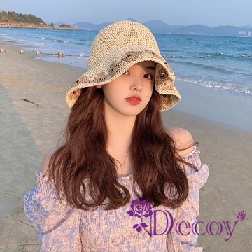 【Decoy】仙女花圈 寬檐透氣防曬鏤空草編漁夫帽/米色