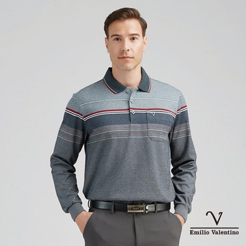 【Emilio Valentino范倫鐵諾】男裝保暖棉質磨毛長袖POLO衫 紅灰白(15-4V8976)