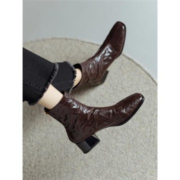 手抓紋褶皺羊皮中跟切爾西2024秋冬季小短靴女靴馬丁靴方頭粗跟