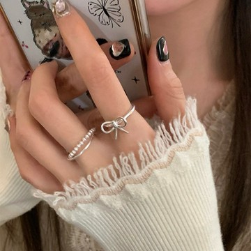 🔥輕奢高級感⚡️交叉珍珠戒指 蝴蝶結戒指 指環 開口戒 銀戒