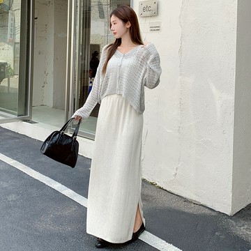 【HARPER】混色感壓褶長裙 | 現貨 長裙 裙子 女裝 秋冬裙子【SKC49137J】