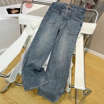 2025春季新款高腰牛仔褲女設計感顯瘦闊腿褲休閑百搭直筒女褲