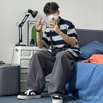 【臺灣出貨】日係復古純色百搭鬆緊腰垂感潮流休閒直筒工裝褲潮男女寬鬆闊腿褲