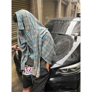 春秋季美式復古vintage格子襯衫男女毛邊情侶外套高級感長袖襯衣