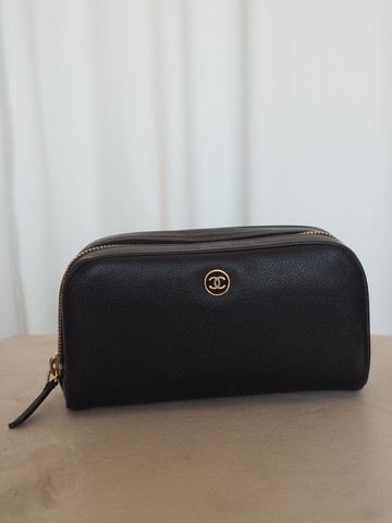CHANEL 香奈兒 經典釦飾 化妝包 皮革 黑色 古董老件
