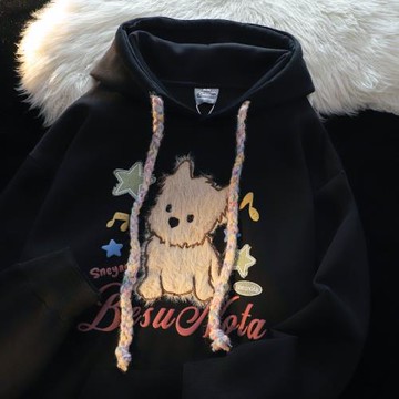 可愛小狗植絨黑色連帽衛衣女2025秋冬爆款慵懶風寬松潮牌情侶外套