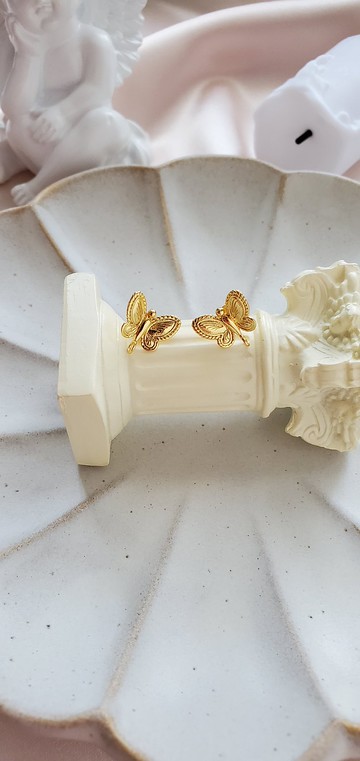 925 純銀 鍍18K金 蝴蝶耳環 ~ 純銀耳釘 ~ 金色耳釘