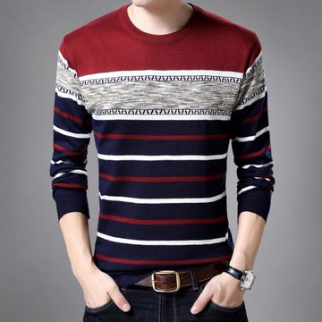 秋季男士長袖T恤薄款毛衣修身針織衫條紋打底小衫大碼潮男裝線衣