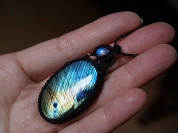 MS CHILDREN 原創設計 斑馬紋拉長石月光石項鏈 蠟線編織吊墜