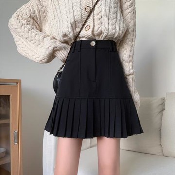 大碼黑色半身裙顯瘦壓褶短裙春夏新款胖mm高腰口袋a字裙百搭韓版