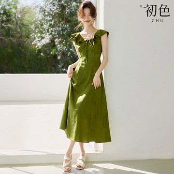 初色 純色簡約荷葉邊收腰顯瘦圓領無袖連身裙中長裙連衣裙連身洋裝長裙-綠色-11929(M-2XL可選)