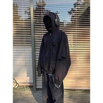 燃弟 1200多克重磅gr水洗做舊破壞雙層黑色拉鏈衛衣美式高街外套