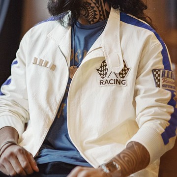 馬登工裝美式復古拼色刺繡賽車夾克F1車手服休閒棒球領外套男春