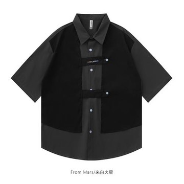 From Mars日系簡約漸變字母假兩件短袖襯衫寬松休閑百搭襯衣潮ins