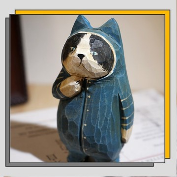 🔥臺灣出貨🔥藍衣服貓手工木雕小擺件卡通貓咪動物辦公桌面書櫃裝飾品/