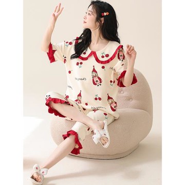 睡衣女夏純棉短袖七分褲韓版可愛學生220斤加肥超大碼家居服套裝