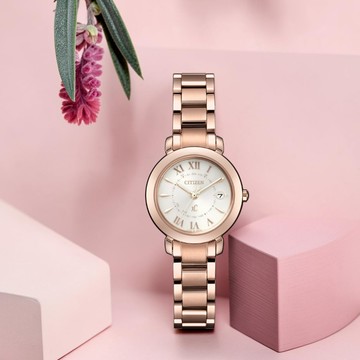 CITIZEN 星辰 xC系列 鈦金屬光動能電波錶-ES9442-55A/玫瑰金色27mm