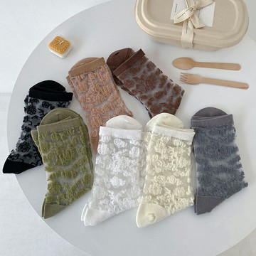 四雙裝襪子女短中筒襪襪潮仙女襪絲花邊棉底透明時尚百搭女士春夏季薄款