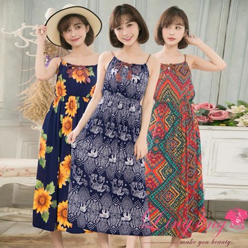 lingling A4136度假風印花編織肩綁帶腰鬆緊長洋裝