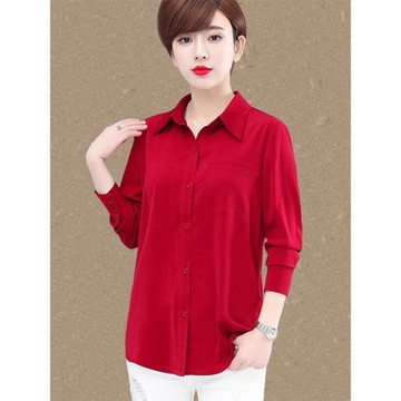紅色雪紡長袖氣質早春上衣襯衫