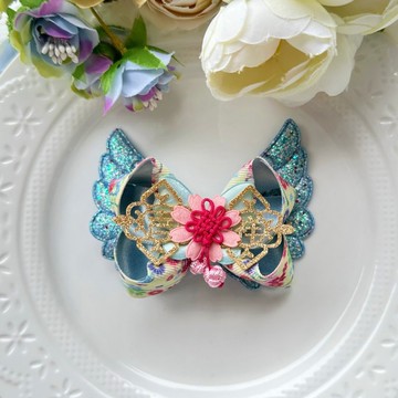 古風多層次蝴蝶結夜光翅膀兒童髮夾-淺藍色吉祥