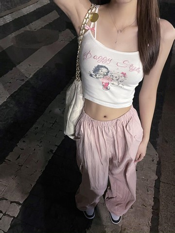 虞書欣同款小狗印花蝴蝶結吊帶背心夏純欲風甜辣少女短款外穿上衣—貼心服飾