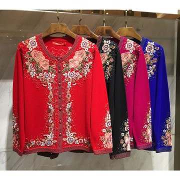 億喜繡媽媽裝春秋長袖上衣繡花大碼毛衣中老年女裝胖媽媽開衫外套