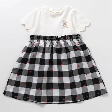 日本 apres les cours - 可愛貝殼袖印花短袖洋裝-格紋-黑x白