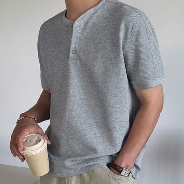 正韓極簡修身棉料華夫格亨利領短袖上衣 5色 YUPPIE 預購商品 0622