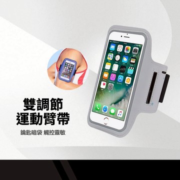 雙調節運動臂帶 觸控防水膜 兩段式調整鬆緊 反光設計 雙層電壓 彈力材料 透氣排汗 鑰匙暗袋 雙向耳機孔 跑步手機套
