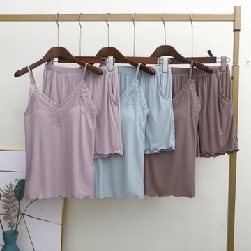 2件裝夏V領蕾絲邊性感大碼吊帶背心女短褲套裝螺紋莫代爾家居睡衣