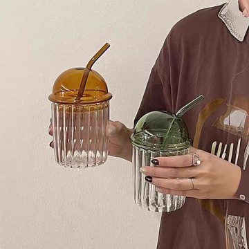 ins風啵啵杯高硼硅玻璃材質吸管杯條紋帶蓋咖啡杯牛奶杯玻璃水杯