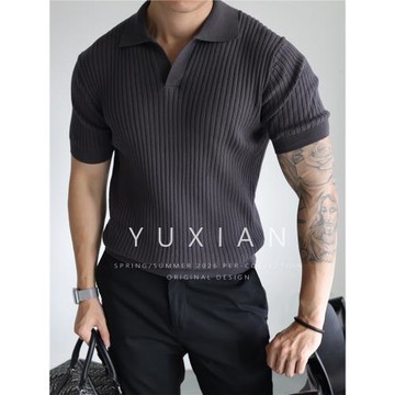(免運)YUXIAN美式復古坑條全棉V領海鷗領針織短袖男士T恤休閑商務春夏季