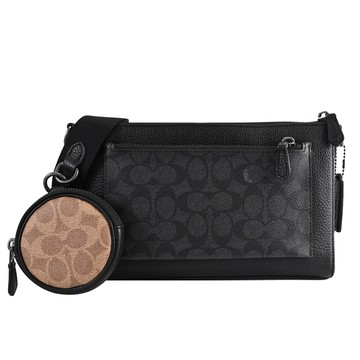 COACH CW372 Holden 滿版印花LOGO荔枝皮革二合一斜背包.黑/灰