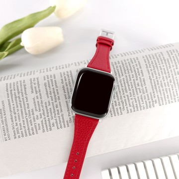 Apple Watch 全系列通用錶帶 蘋果手錶替用錶帶 荔枝紋 銀鋼扣 真皮錶帶 紅色 ＃85847301RD