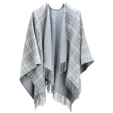 BURBERRY 巴寶莉 Check 經典格紋羊毛流蘇披巾 圍巾(130x130CM/黑灰)