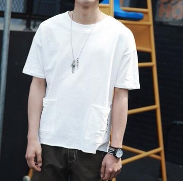 FINDSENSE MD 韓國 時尚潮 男 休閒寬鬆 純色素面 個性口袋 字母刺繡 短袖T恤 特色短T 學生T