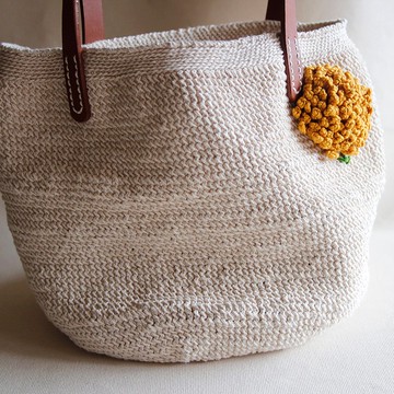 毛線編織手提籃 繡球花 白色棉麻 皮質提把 編織包 黃色煙火花