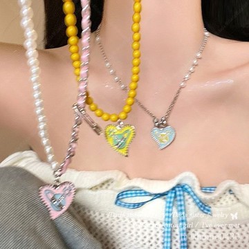 💛限時下殺💛彩色滴釉愛心珍珠土星吊墜項鏈女小衆甜酷辣妹氣質頸鏈鎖骨鏈