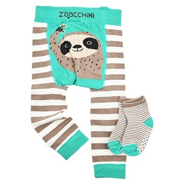 ZOOCCHiNi 包屁褲襪 可愛動物主題 精梳棉彈性材質 加寬臀部設計 膝蓋防滑 附防滑棉襪  12~18個月  樹懶 棕色 + 綠色